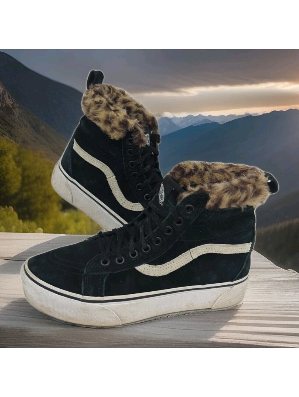Vans Sk8-Hi MTE Suede Boots Shoes Winter Black Leopard Sherpa Fur Womens 8 38.5